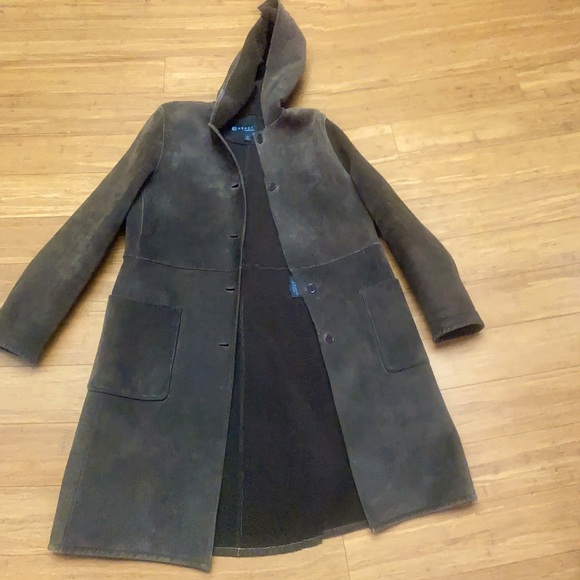 Kenneth Cole -Suede coat attached hood, two deep pockets, button closure. - Picture 1 of 7